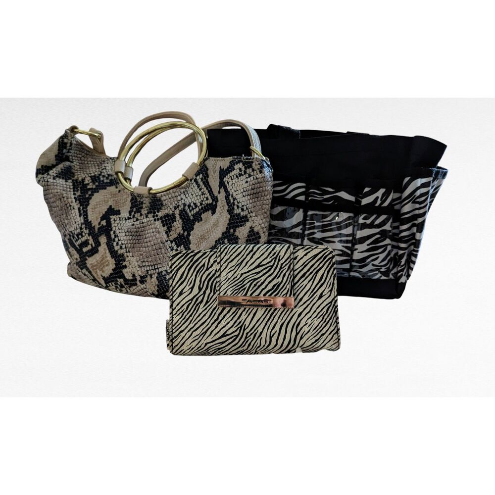 3pc Handbag Lot Snake Print Purse Zebra Tote Tahari Wallet Bundle